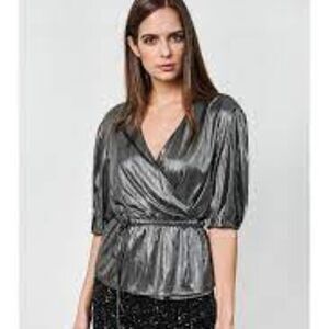 🆕REBECCA MINKOFF Mary Metallic Wrap Top In Gunmetal Size XS